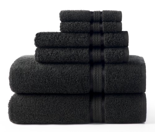 Book Cover Cotton Craft Ultra Soft 6 Piece Towel Set Black, Luxurious 100% Ringspun Cotton, Heavy Weight & Absorbent, Rayon Trim - 2 Oversized Large Bath Towels 30x54, 2 Hand Towels 16x28, 2 Wash Cloths 12x12