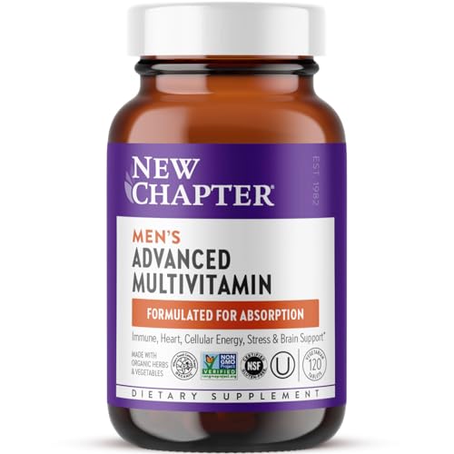 New Chapter Men's Multivitamin Advanced Formula for Stress, Brain, Immune, Heart & Energy Support, Higher Levels of Whole-Food Fermented Essential Nutrients for Men + Selenium + B Vitamins, 120 ct