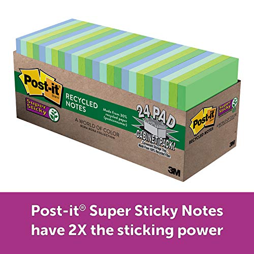 Book Cover Post-it Super Sticky Recycled Notes, Bora Bora Colors, 3 in. x 3 in, 24 Pads/Pack, 70 Sheets/Pad (654-24SST-CP)