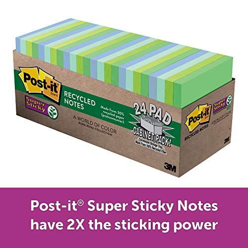 Post-it Super Sticky Recycled Notes, Bora Bora Colors, 3 in. x 3 in, 24 Pads/Pack, 70 Sheets/Pad (654-24SST-CP)
