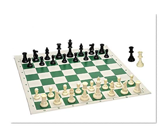 Book Cover Best Value Tournament Chess Set - 90% Plastic Filled Chess Pieces and Green Roll-up Vinyl Chess Board