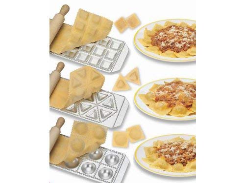 Imperia Ravioli Maker Set of 3 Italian Made Molds- Mini Squares, Tortelli, and Raviolini with Rolling Pin