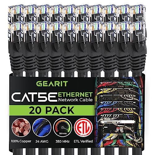 GEARIT 20-Pack, Cat5e Ethernet Patch Cable 5 Feet - Snagless RJ45 Computer LAN Network Cord, Black
