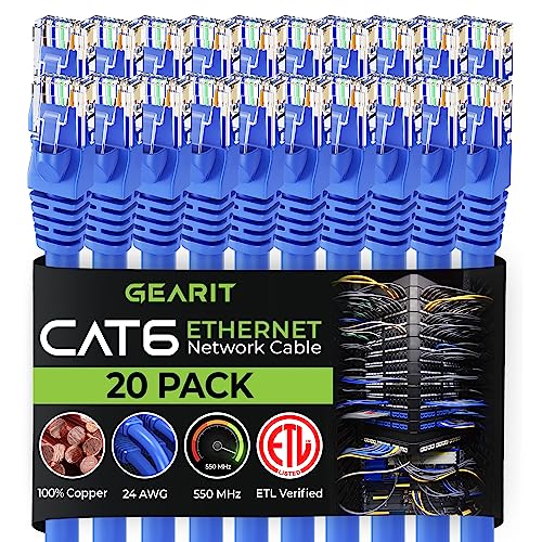 GearIT Cat 6 Ethernet Cable 1 ft (20-Pack) - Cat6 Patch Cable, Cat 6 Patch Cable, Cat6 Cable, Cat 6 Cable, Cat6 Ethernet Cable, Network Cable, Internet Cable - Blue 1 Foot