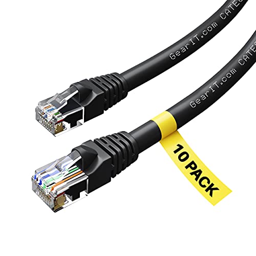 GearIT 10 Pack, Cat 6 Ethernet Cable Cat6 Snagless Patch 25 Feet - Computer LAN Network Cord, Black - Compatible with 10 Port Switch POE 10port Gigabit