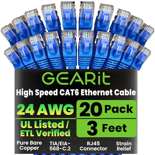 GearIT 20 Pack, Cat 6 Ethernet Cable Cat6 Snagless Patch 3 Feet - Computer LAN Network Cord, Blue [Lifetime Warranty]