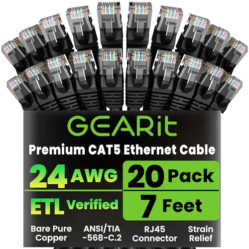GearIT 20-Pack, Cat5e Ethernet Patch Cable 7 Feet - Snagless RJ45 Computer LAN Network Cord, Black