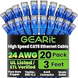 GEARit Cat 6 Ethernet Cable Pack - 20-Pack 3 ft Cat6 Ethernet Patch Cables | RJ45 Network Patch Cable, 10 Gbps Snagless Gold-Plated Connectors - Ethernet Cable Cat 6 for PC, TV, Router - Blue