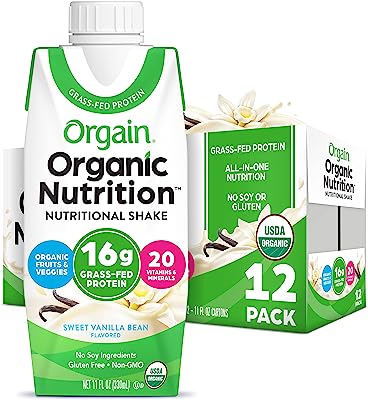 Orgain Organic Nutritional Shake, Vanilla Bean - Meal Replacement, 16g Protein, 21 Vitamins & Minerals, Gluten Free, Soy Free, Kosher, Non-GMO, 11 Ounce, 12 Count (Packaging May Vary)