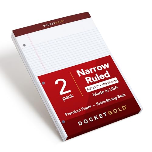 TOPS Docket Gold Writing Pads, 8-1/2" x 11-3/4", Narrow Rule, 3-Hole Punched, White Paper, 100 Sheets, 2 Pack (99706)
