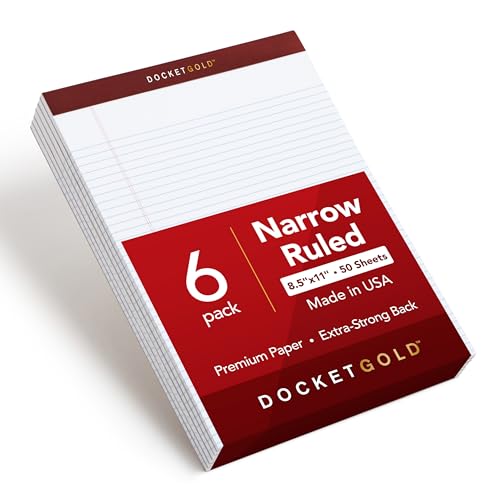 Tops Docket Gold Writing Tablet, 8-1/2 x 11-3/4 Inches, Perforated, White, Narrow Rule, 50 Sheets per Pad, 6 Pads per Pack (63942)