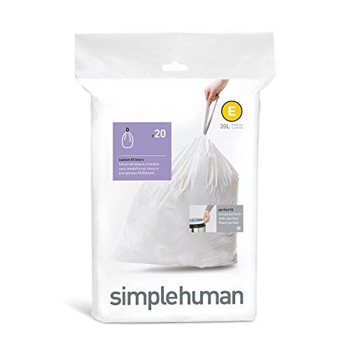 simplehuman Code E Custom Fit Drawstring Trash Bags, 20 Liter / 5.3 Gallon, White, 20 Count
