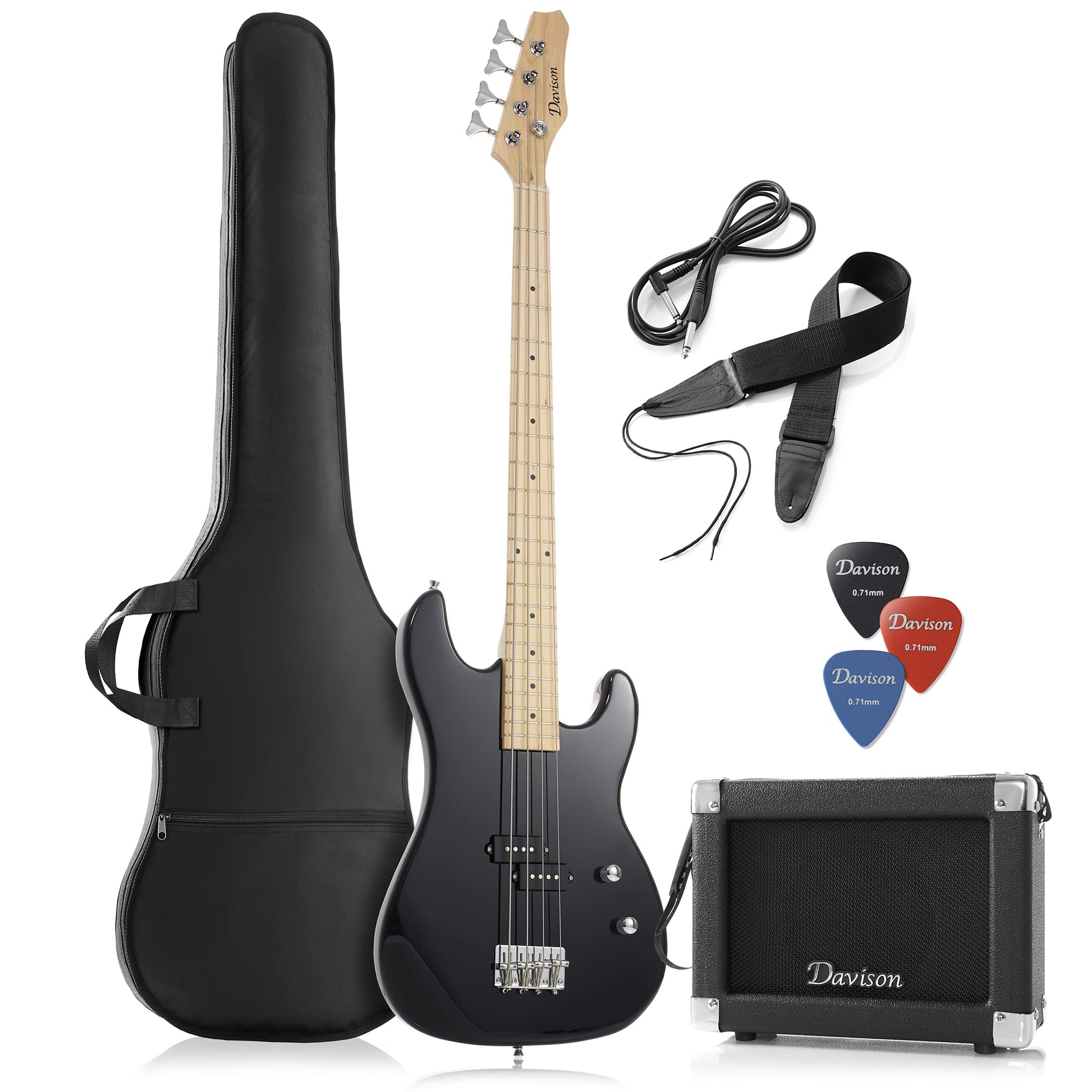 Book Cover Davison Guitars Full Size Electric Bass Guitar with 15-Watt Amp, Black - 4 String Right Handed Beginner Kit with Gig Bag and Accessories