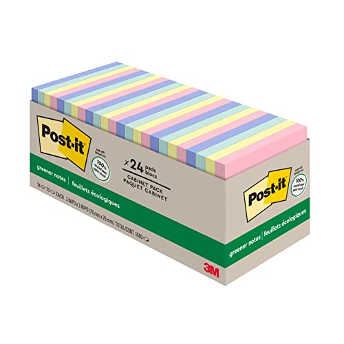 Book Cover Post-it Greener Notes, 3x3 in, 24 Pads, America's #1 Favorite Sticky Notes, Helsinki Collection, Pastel Colors (Pink, Blue, Mint, Yellow), Clean Removal, 100% Recycled Material (654R-24CP-AP)