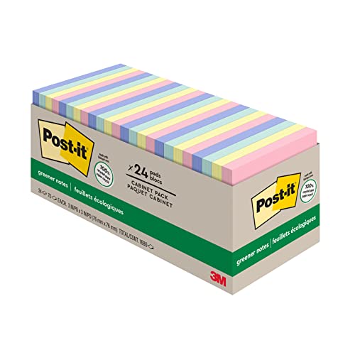 Post-it Greener Notes, 3x3 in, 24 Pads, America's #1 Favorite Sticky Notes, Helsinki Collection, Pastel Colors (Pink, Blue, Mint, Yellow), Clean Removal, 100% Recycled Material (654R-24CP-AP)