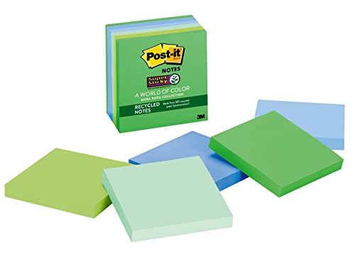 Post-it Recycled Super Sticky Notes, 2X Sticking Power, 3 in x 3 in, Bora Bora Collection, 6 Pads/Pack (654-SST)