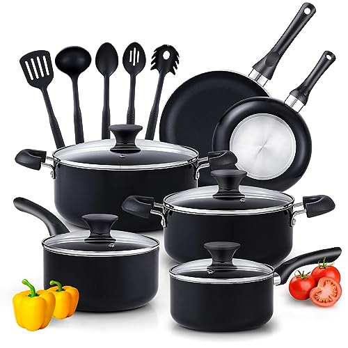 Cook N Home Basics Pots and Pans Nonstick Cooking Cookware, 15-Piece Set, Black