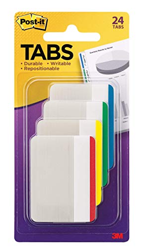 Post-it Tabs, 2 in., Lined, Assorted Primary Colors, Durable, Writable, Repositionable, Sticks Securely, Removes Cleanly, 6 Tabs/Color, 4 Colors, 24 Tabs/Pack, (686F-1)
