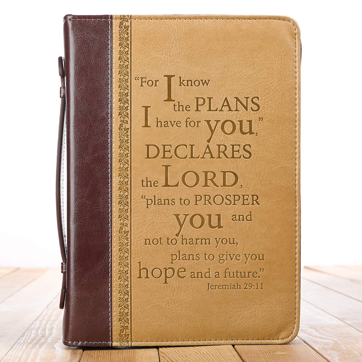 Book Cover Christian Art Gifts Men's Classic Bible Cover I Know The Plans Jeremiah 29:11, Brown/Tan Faux Leather, Large