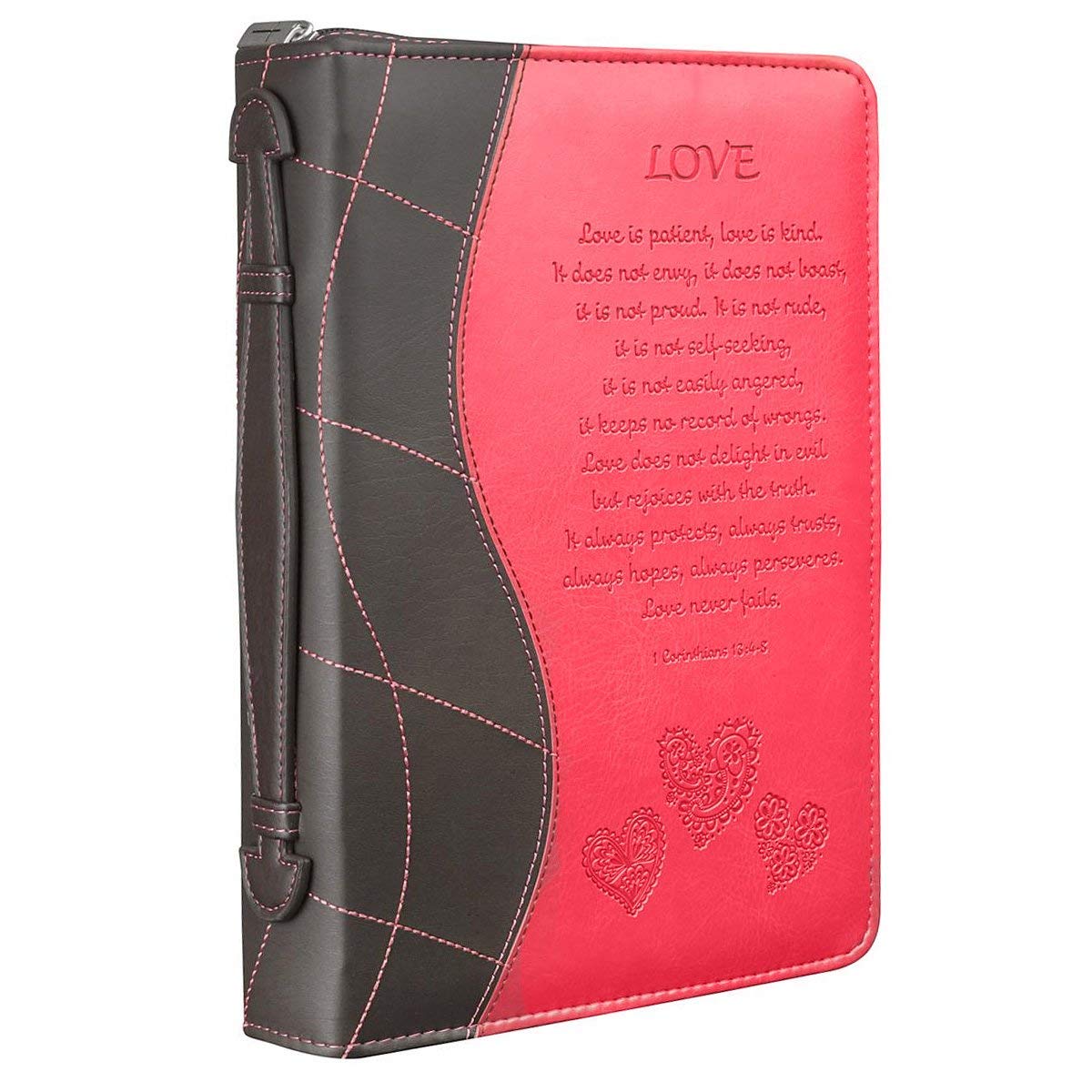 Book Cover Christian Art Gifts Women's Fashion Bible Cover Love 1 Corinthians 13:4-8, Pink/Brown Faux Leather, Large