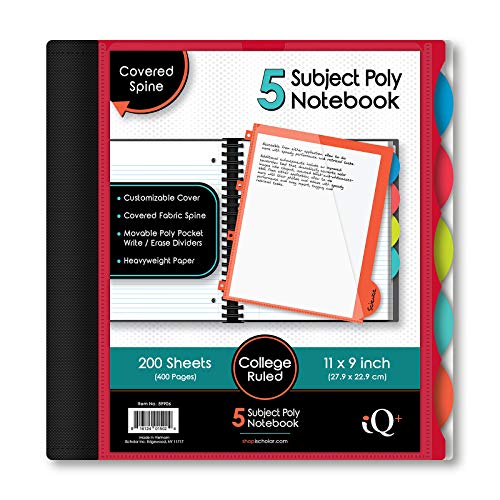 iScholar iQ 5-Subject Poly Cover Wirebound Notebook, College Ruled, 11 x 8.5 Inch Sheet Size, 200 Sheets, Cover Color May Vary (59906)