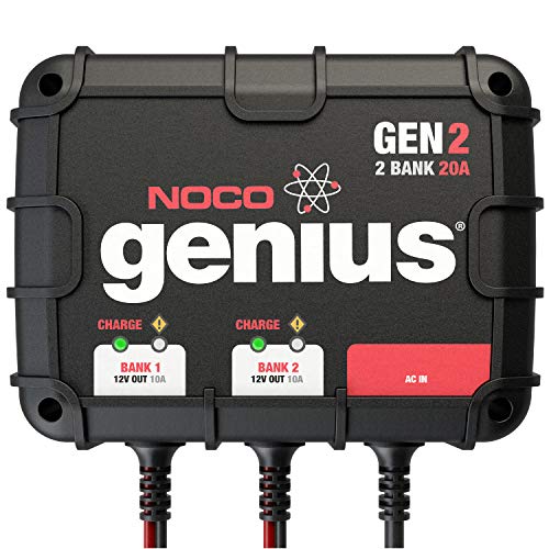 NOCO Genius GEN2, 2, 20 (10-Amp Per Bank) Fully-Automatic Smart Marine, 12V Onboard Charger and Battery Maintainer, Black|Blacks, One Size
