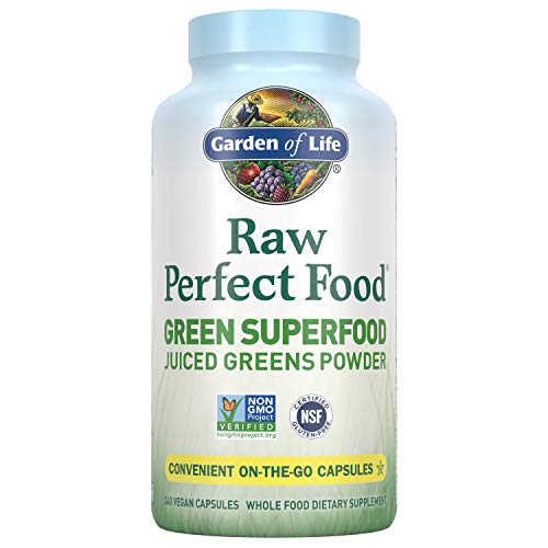 Book Cover Garden of Life Raw Perfect Food Green Superfood Juiced Greens Powder Capsules - 30 Servings, Non-GMO, Gluten Free, Vegan Whole Food Dietary Supplement, Organic Greens, Juice Sprouts Probiotics, 240CT