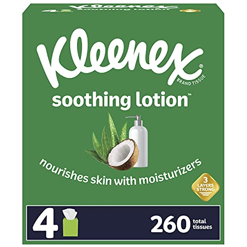 Kleenex Soothing Lotion Facial Tissues with Aloe & Vitamin E, 4 Cube Boxes, 65 Tissues per Box, 4 Pack (260 Tissues Total)