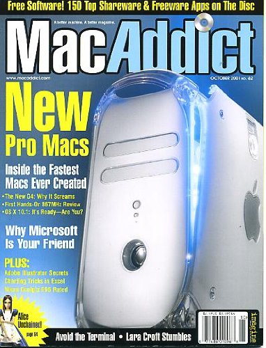 MacAddict October 2001 w/CD New Pro Macs, Adobe Illustrator Secrets, Charting Tricks in Excel, Nikon Coolpix 995 Rated, Avoid the Terminal, 150 Top Shareware & Freeware Apps on Disc, Trace Photos with Illustrator