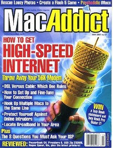 MacAddict May 2001 w/CD How to Get High-Speed Internet, Rescue Lousy Photos, Create a Flash Game, Psychedelic iMacs, DSL versus Cable, Set Up & Fine-Tune Your Connection, Hook Up Multiple Macs to the Same Line, Print to Non-Mac Printers
