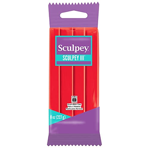 Sculpey III Polymer Oven-Bake Clay, Red Hot Red, Non Toxic, 8 oz. bar, great for modeling, sculpting, holiday, DIY, mixed media and school projects. Great for kids and beginners!