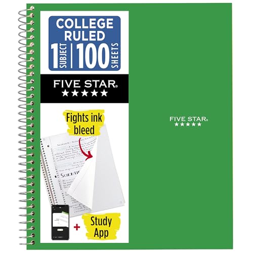 Five Star 1-Subject Spiral Notebook, 8.5" x 11" Paper Size, College Ruled, 200 Pages/100 Sheets, Neat Sheet Perforated Pages, Wirebound, Green Poly Cover, Pack of 1 (72055)