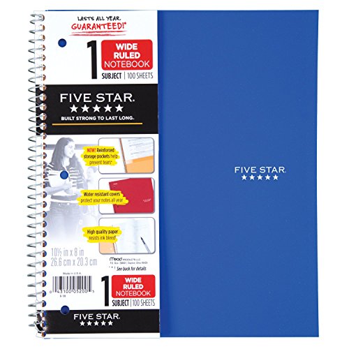 Five Star Spiral Notebook, 1 Subject, Wide Ruled Paper, 100 Sheets, 10-1/2" x 8", Blue (72023)