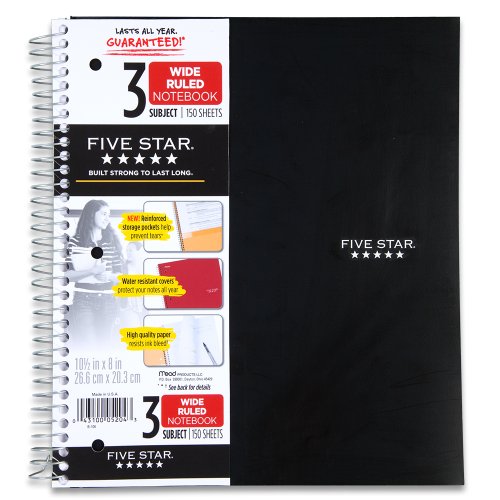 Five Star Spiral Notebook, 3 Subject, Wide Ruled Paper, 150 Sheets, 10-1/2" x 8", Black (73094)