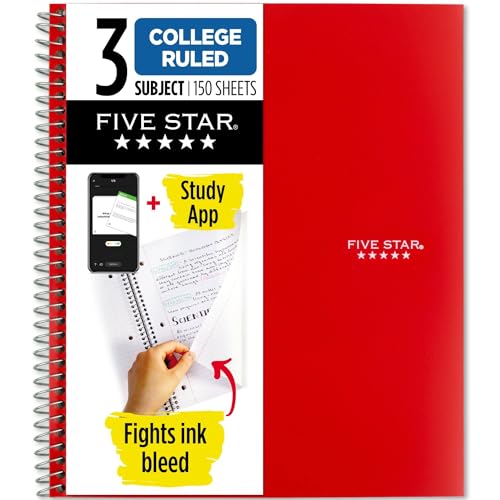 Five Star Spiral Notebook, 3 Subject, College Ruled Paper, 150 Sheets, 11" x 8-1/2, Red (72065)