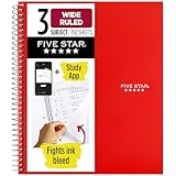Five Star Wirebound Notebook, 3-Subject, 150 Wide-Ruled Sheets, 10.5 x 8 Inch Sheet Size, Red (72029)