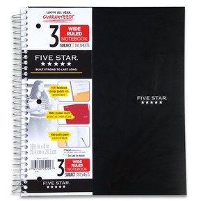 Five Star Spiral Notebook, 3 Subject, Wide Ruled Paper, 150 Sheets, 10-1/2" x 8", Black (73094)