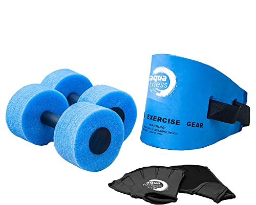 New & Improved Aqua Fitness 6 Piece Combo Set for Water Aerobics and Pool Exercise, Swim Belt for Adults, Adjustable 20" to 60" Waist, Resistance Gloves, Barbells, Model: AF4730