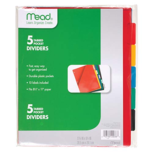 Mead Tab Dividers with Pocket, 3 Hole Punch, Fits 3 Ring Binder, Assorted Colors, 5 Pack (20038)