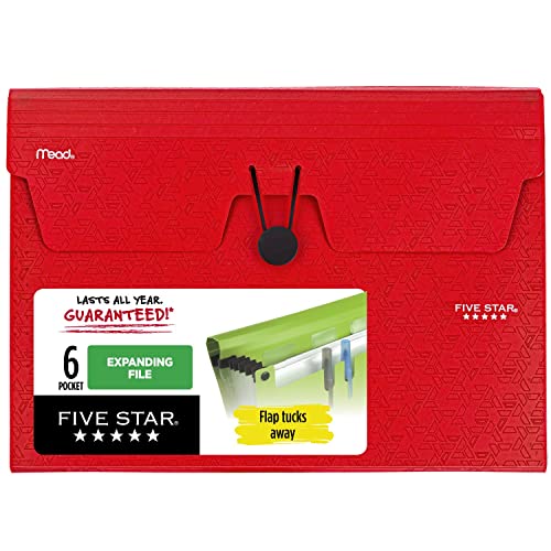 Five Star 6-Pocket Expanding File Organizer, Plastic Expandable Letter Size File Folders with Pockets, Home Office Supplies, Portable Paper Organizer for Receipts, Bills, Documents, Red (72387)