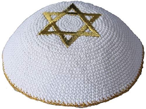 Knitted White Kippah with Golden Star of Magen David