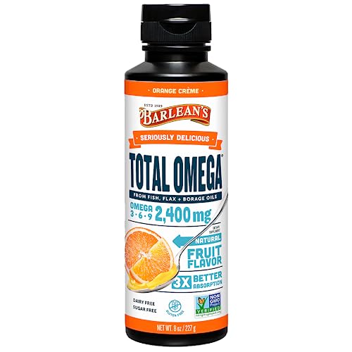 Barlean's Total Omega 3 6 9 Orange Crème Liquid Fish Oil Supplement with Borage and Flaxseed Oil, 2,400 mg of Omegas EPA and DHA Plus GLA for Joint and Heart Health, 8 oz