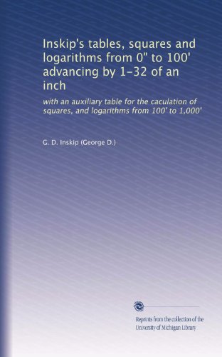 Inskip's tables, squares and logarithms from 0" to 100' advancing by 1-32 of an inch: with an auxiliary table for the caculation of squares, and logarithms from 100' to 1,000'