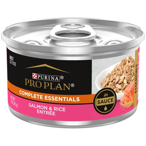 Book Cover Purina Pro Plan Gravy, Pate, High Protein Wet Cat Food, COMPLETE ESSENTIALS Salmon & Rice Entree in Sauce - (24) 3 oz. Pull-Top Cans