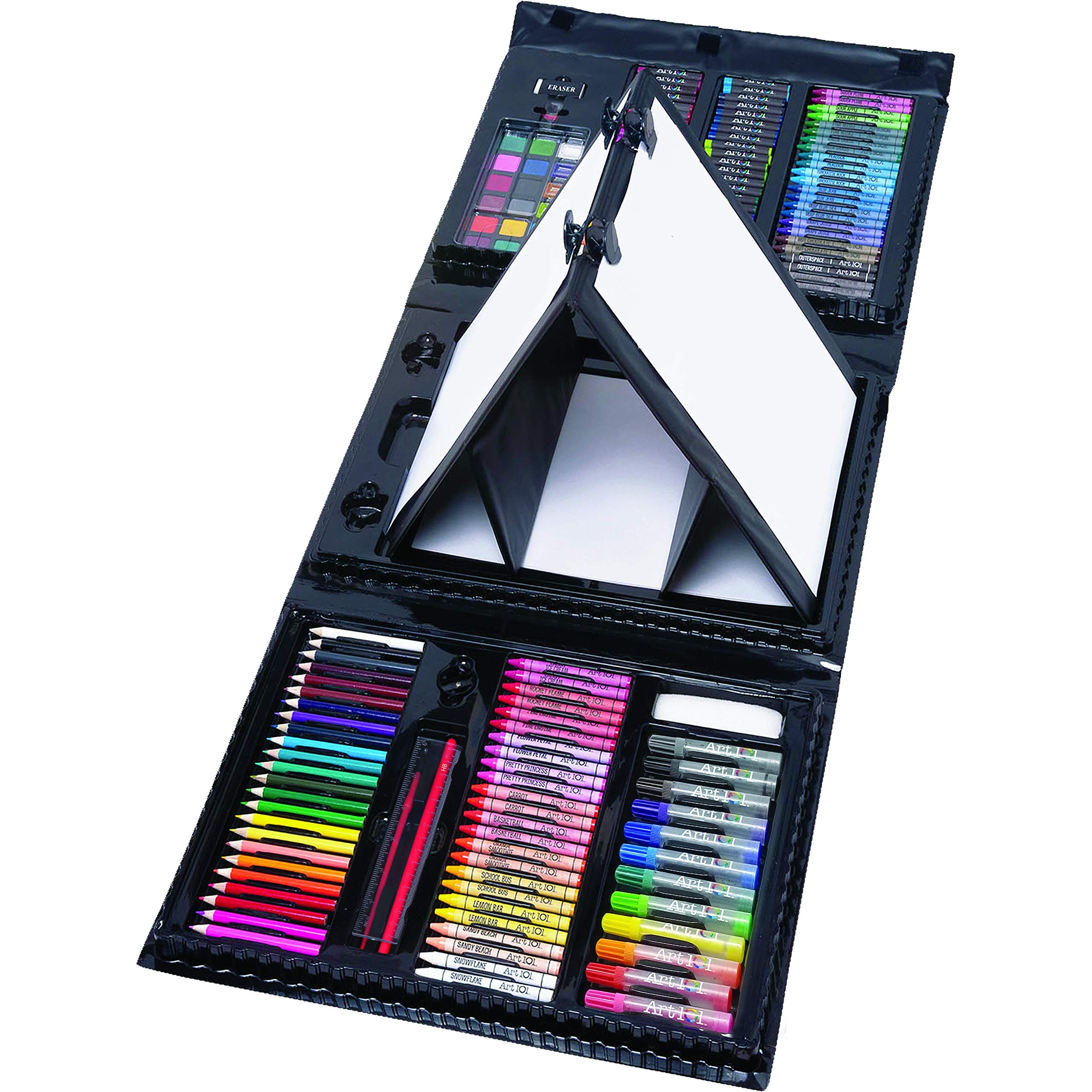 Book Cover Art 101 Budding Artist 179 Piece Draw Paint and Create Art Set with Pop-Up Double-Sided Easel, Includes markers, crayons, paints, colored pencils, Case includes pop up easel, Portable Art Studio