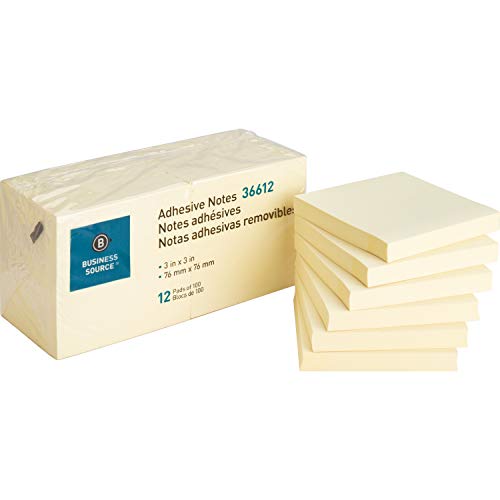 Business Source Yellow Repositionable Adhesive Notes, 3"x3" (36612)