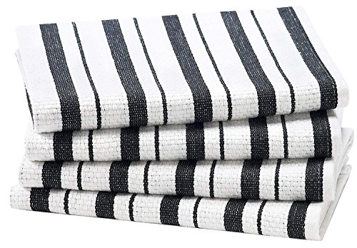 Cotton Craft - 4 Pack Oversized Kitchen Towels, 20x30 - Black, Pure 100% Cotton, Crisp Basket weave striped pattern, Convenient hanging loop - Highly absorbent, Professional Grade, Soft yet Sturdy