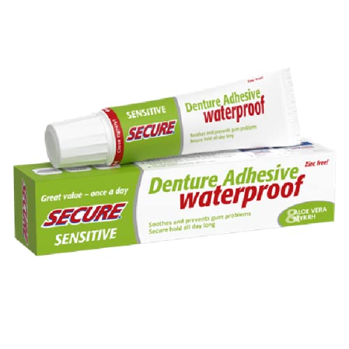 Secure Sensitive Gums Waterproof Denture Adhesive Zinc Free with Aloe Vera & Myrrh - Extra Strong 12 Hour Hold - 1.4 oz