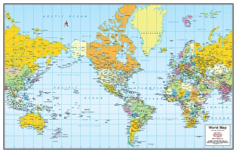Small Colorful Political World Map Laminated and Mounted - (Mercator projection)