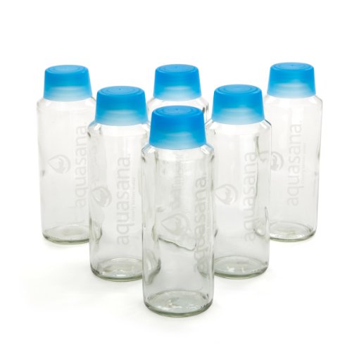 Aquasana Glass Water Bottles and BPA Free Lid, 18-oz, 6-pack, White, blue